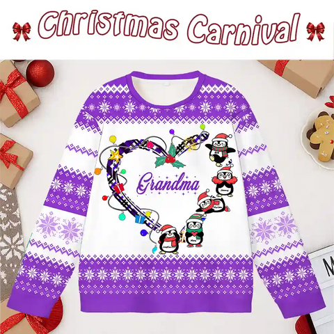 Custom Grandma Christmas Ugly Sweater – Personalized Holiday Sweatshirt with Kids as Penguins & Names, Unique Christmas Gift for Nana, Forever Love Keepsake