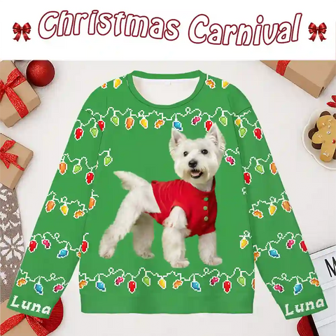 Custom Dog Christmas Ugly Sweater – Personalized Holiday Sweatshirt with String Lights, Upload Your Pet Photo, Celebrate Christmas Together