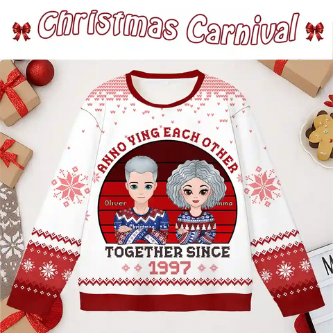 Custom Couple Christmas Ugly Sweater – Personalized Cartoon Design with Names & Anniversary Year