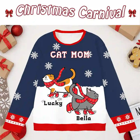 Custom Cat Christmas Ugly Sweater – Walking in the Snow, Gift for Pet Moms & Dads
