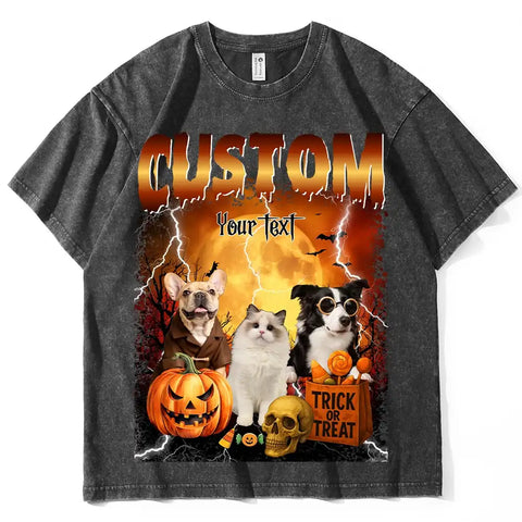 Custom Bootleg Halloween T-Shirt – Personalized Pet Photo & Name, Vintage Dog Graphic Tee, One-of-a-Kind Halloween Gift
