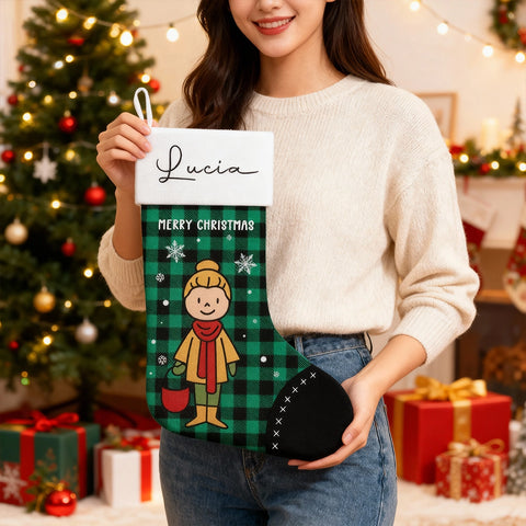 Personalized Christmas stockings with custom cartoon family character designs