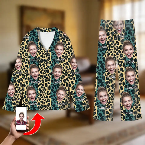 Personalized leopard print pajamas for couples, with customizable photos.