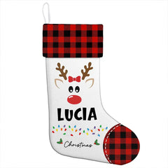Personalized Reindeer Christmas Stocking with Name - Buffalo Plaid Style