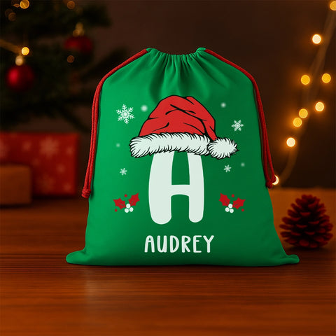 Personalized Christmas Gift Bag with Santa Hat Initial and Name