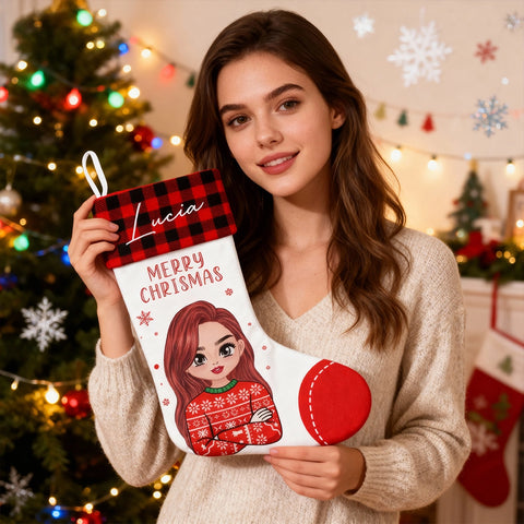 Custom Cartoon Girl Christmas Stocking – Personalized Name Design