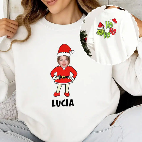 Personalized Christmas family sweatshirts with photo uploads and custom names – Designed by Ho Ho Ho