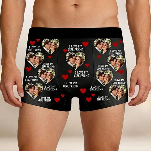 Personalized men's boxer briefs with a custom photo saying "I love my girl friend" - a perfect anniversary/Valentine's Day gift.