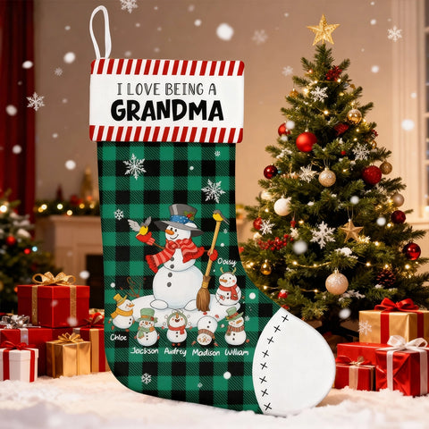 Custom "I Love Being A Grandma" Christmas Stocking with Snowman Family and Grandkids' Names