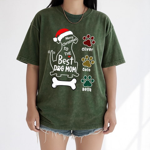 Personalized Best Dog Mom Christmas T-Shirt with Pet Names