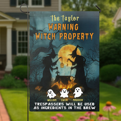 Personalized Halloween Flag – Witch & Cute Ghost Family Banner