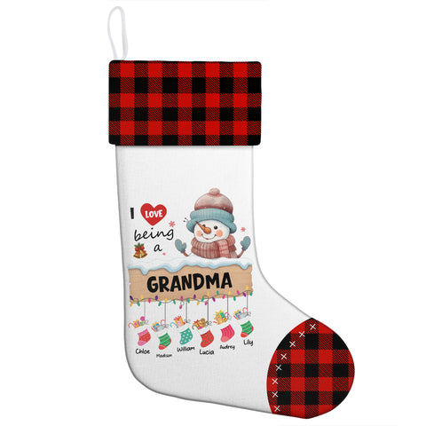 I Love Being a Grandma - Personalized Christmas Stockings with Grandchildren's Names - Snowman and Buffalo Plaid
