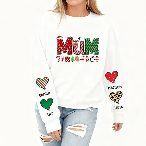 Personalized MUM Christmas Sweatshirt – Custom Hearts and Names on Sleeves