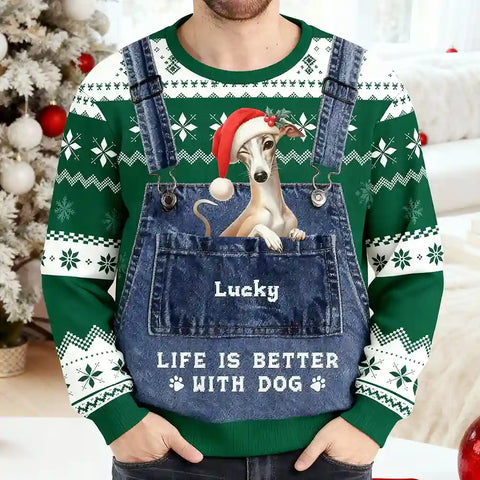 Custom Pet Christmas Ugly Sweater – Personalized Cat or Dog Design in Denim Overalls, “Life Is Better With Cat  And Dog” Festive Sweatshirt