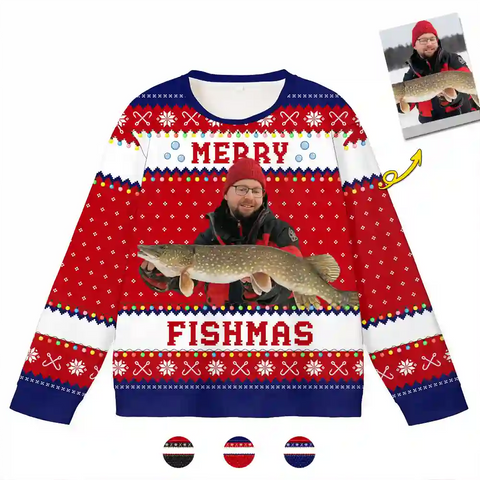 Custom Fishing Christmas Ugly Sweater – Personalized Holiday Sweatshirt with Photo, Best Gift for Fishing Lovers