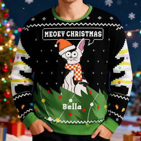 Custom Cat Christmas Ugly Sweater – Funny “Meowy Christmas” Holiday Sweatshirt with Pet Name