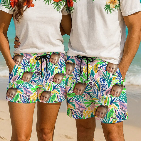 Personalized Summer Shorts with Face – Custom Tropical Print Shorts