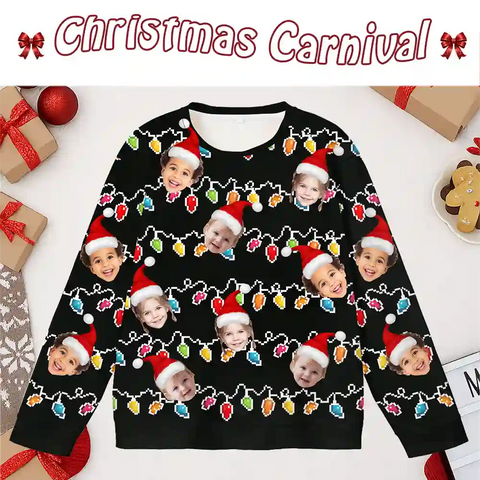 Custom Family Christmas Ugly Sweater – Personalized Holiday Sweatshirt with Colorful String Lights, Upload Family Photo with Santa Hats, Best Family Christmas Gift
