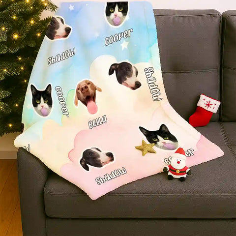 Custom Pet Photo Flannel Blanket – Personalized Dog & Cat Faces with Names, Dreamy Cloud & Star Design