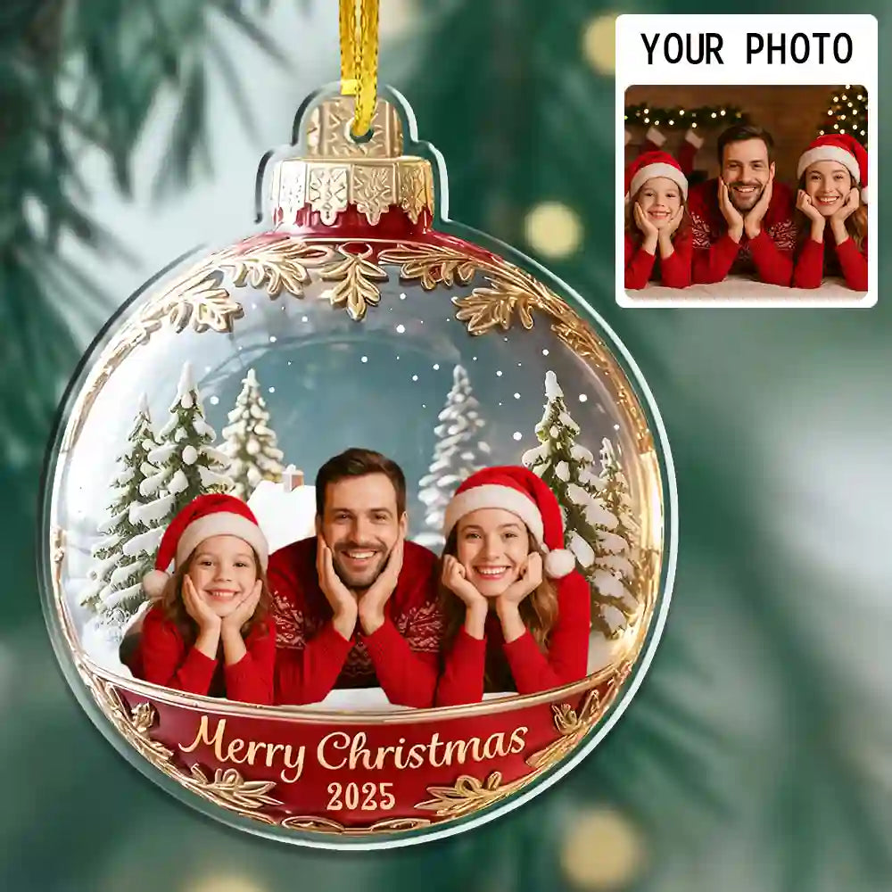 Custom Family Photo Christmas Acrylic Ornament – Merry Christmas 2025 Keepsake Gift