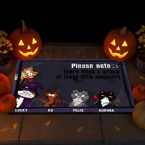 Personalized Halloween Cat Welcome Mat – Custom Kitty Portrait & Accessories