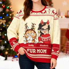 Personalized Cat Mom Christmas Sweater – “Fur Mom” Custom Ugly Holiday Sweatshirt with Pet Name & Cartoon Design