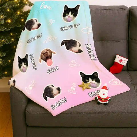 Personalized Pet Face Blanket – Custom Dog & Cat Name Flannel Throw Gift for Pet Lovers