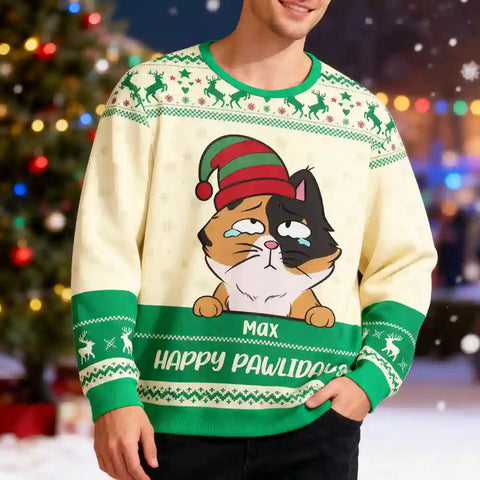 Custom “Happy Pawlidays” Cat Ugly Christmas Sweater – Personalized Pet Name Holiday Gift for Cat Lovers