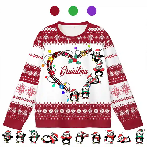 Custom Grandma Christmas Ugly Sweater – Personalized Holiday Sweatshirt with Kids as Penguins & Names, Unique Christmas Gift for Nana, Forever Love Keepsake