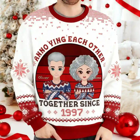 Custom Couple Christmas Ugly Sweater – Personalized Cartoon Design with Names & Anniversary Year