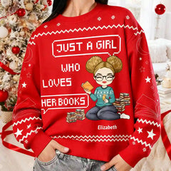 Custom Book Lover Ugly Christmas Sweater – Personalized Name Reading Girl Holiday Sweatshirt