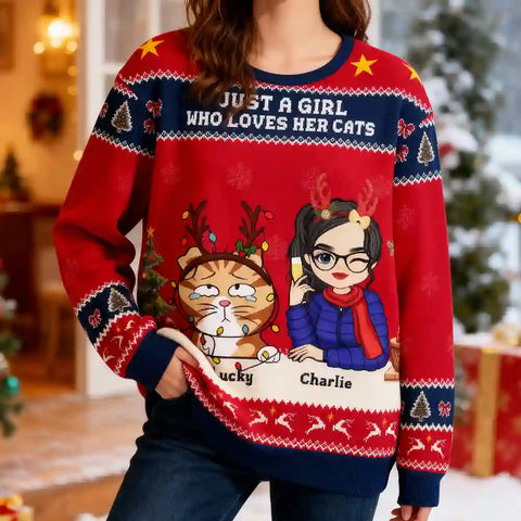 Personalized Cat Lover Christmas Sweater – “Just a Girl Who Loves Her Cats” & “A Girl and Her Cat” Custom Ugly Holiday Sweatshirt
