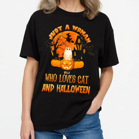 Just A Woman Who Loves Cats And Halloween - Personalized T-shirts, Sweatshirts & Hoodies