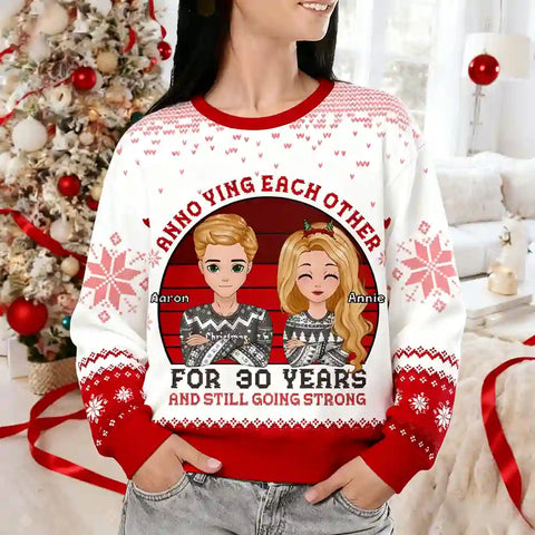 Personalized Christmas Ugly Sweater – Cute Cartoon Couple Anniversary Design
