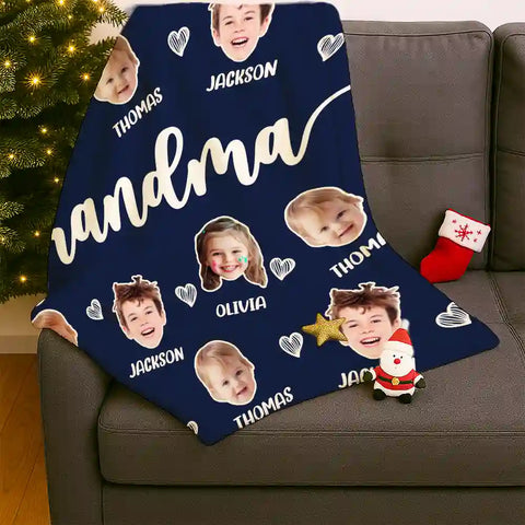 Custom Family Faces Blanket – Personalized Photo & Name Flannel Throw Gift for Mom, Grandma & Nana