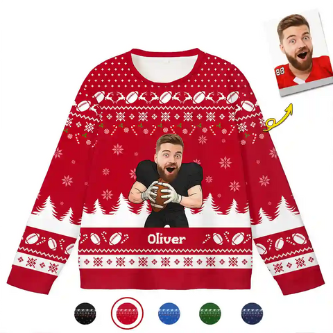 Funny Football Fan Ugly Christmas Sweater – Personalized Face & Name Holiday Sweatshirt