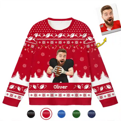 Funny Football Fan Ugly Christmas Sweater – Personalized Face & Name Holiday Sweatshirt