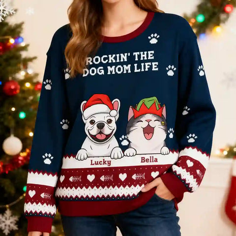 Custom “Rockin’ The Pet Parent Life” Ugly Christmas Sweater – Personalized Dog & Cat Face Holiday Sweatshirt, Funny Gift for Pet Moms & Dads