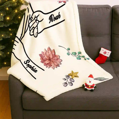 Custom Handprint  Blanket – Personalized with Names, Holding Mom’s Hand, Best Christmas Gift