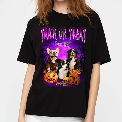 Personalized Bootleg Halloween Tee – Custom Pet Portrait & Name, Vintage Style Dog Shirt, Unique Spooky Season Gift