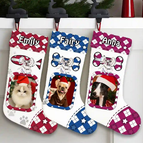 Custom Dog & Cat Christmas Stocking – Upload Pet Photo & Name, Personalized Holiday Keepsake