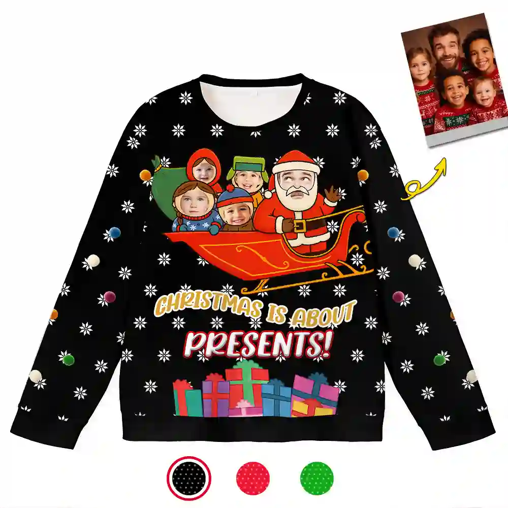 Custom Funny Santa Christmas Ugly Sweater – Personalized Holiday Sweatshirt with Kids’ Faces, Upload Photo, Unique Christmas Gift