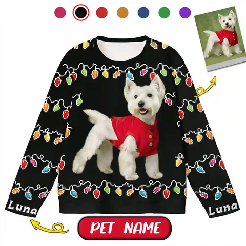 Custom Dog Christmas Ugly Sweater – Personalized Holiday Sweatshirt with String Lights, Upload Your Pet Photo, Celebrate Christmas Together