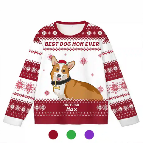 Custom Dog Christmas Ugly Sweater – Personalized Holiday Sweatshirt with Snowflake Pattern, Upload Pet Photo, Choose Pet Design, Add Name, Best Dog Mom & Dad Gift