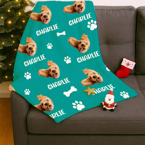 Custom Pet Photo & Name Blanket – Personalized Flannel Throw with Dog Face Pattern，Chrismas Gifts