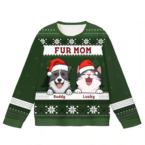 Merry Christmas Personalised All Over Print Sweatshirt - Customised Dog and Cat Names, Unisex All Over Print Gift for Furry Moms and Dads