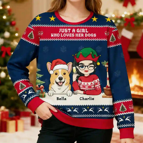 Personalized “A Girl and Her Dog” Christmas Ugly Sweater – Custom Pet & Owner Holiday