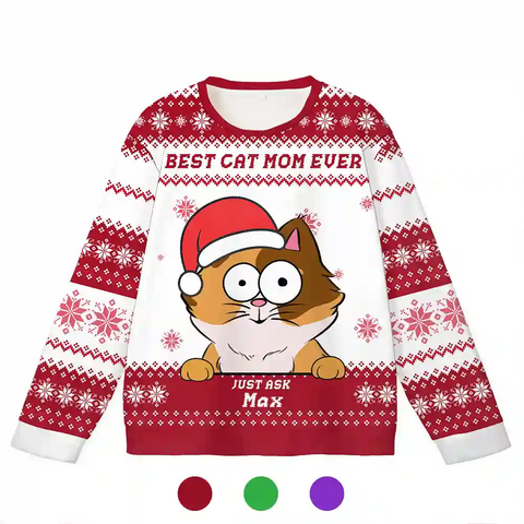 Custom Cat Christmas Ugly Sweater – Personalized Holiday Sweatshirt with Snowflake Pattern, Upload Pet Photo, Add Name, Best Gift for Cat Moms & Dads