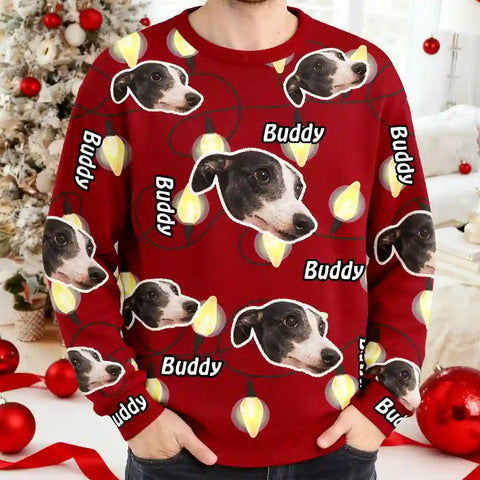 Unique Dog Lover Ugly Sweater – Pet Photo & Name with Bright Christmas Lights