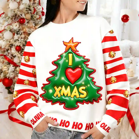 Custom Christmas Ugly Sweater – Personalized “I LOVE XMAS” Tree Design with Name